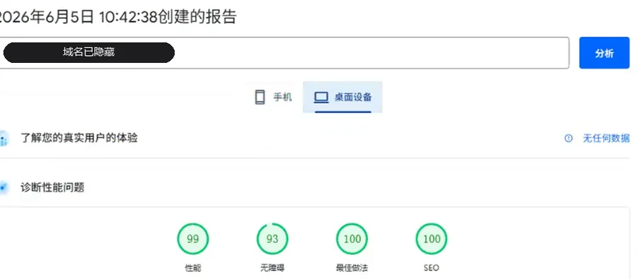 PageSpeed Insights 桌面端实测报告:性能、无障碍、最佳做法、SEO 四项均在 90 分以上