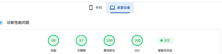 PageSpeed Insights 桌面端实测报告:性能、无障碍、最佳做法、SEO 四项均在 90 分以上