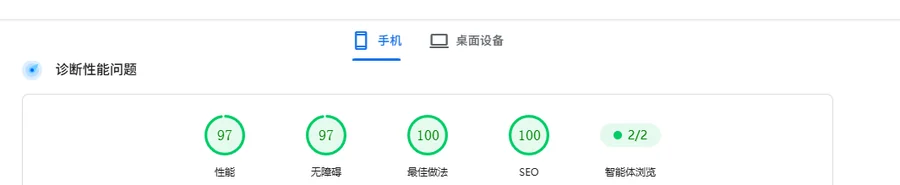 PageSpeed Insights 移动端实测报告:性能、无障碍、最佳做法、SEO 四项均在 90 分以上