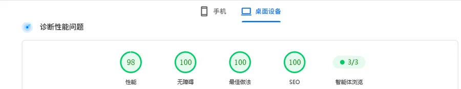 PageSpeed Insights 桌面端实测报告:性能、无障碍、最佳做法、SEO 四项均在 90 分以上
