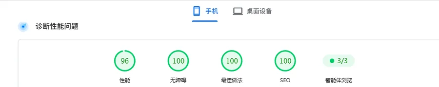 PageSpeed Insights 移动端实测报告:性能、无障碍、最佳做法、SEO 四项均在 90 分以上